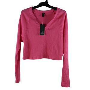 Wild Fable Long Sleeve V-Neck Waffle Boxy‎ TShirt Pink XS Regular Fit Casual New